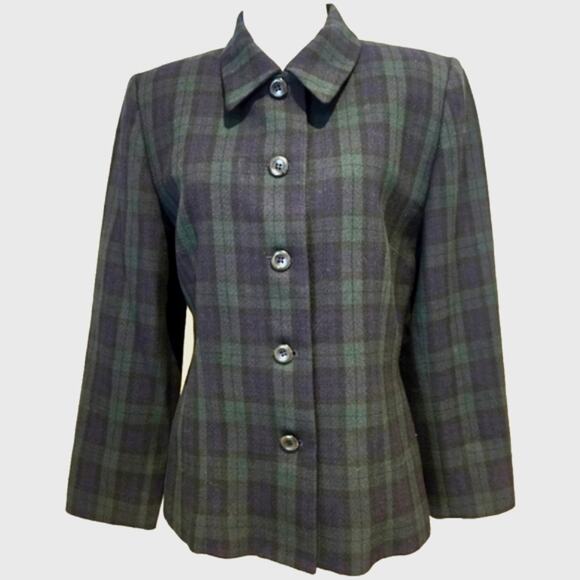 Pendleton Vintage 100% Virgin Wool Black Watch Plaid Collared Jacket - Size 8P - Picture 1 of 9